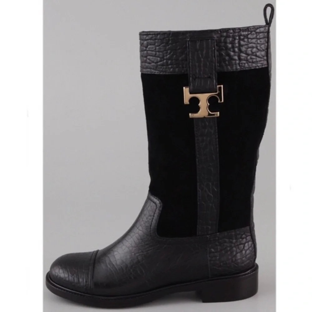 Tory Burch Moto Riding Mid Calf Pebbled Leather Boot
