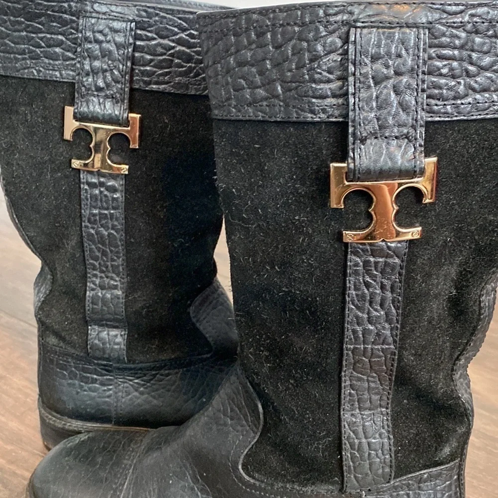 Tory Burch Moto Riding Mid Calf Pebbled Leather Boot