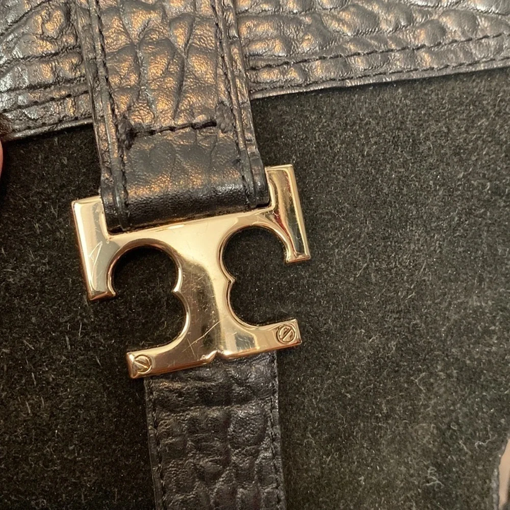 Tory Burch Moto Riding Mid Calf Pebbled Leather Boot