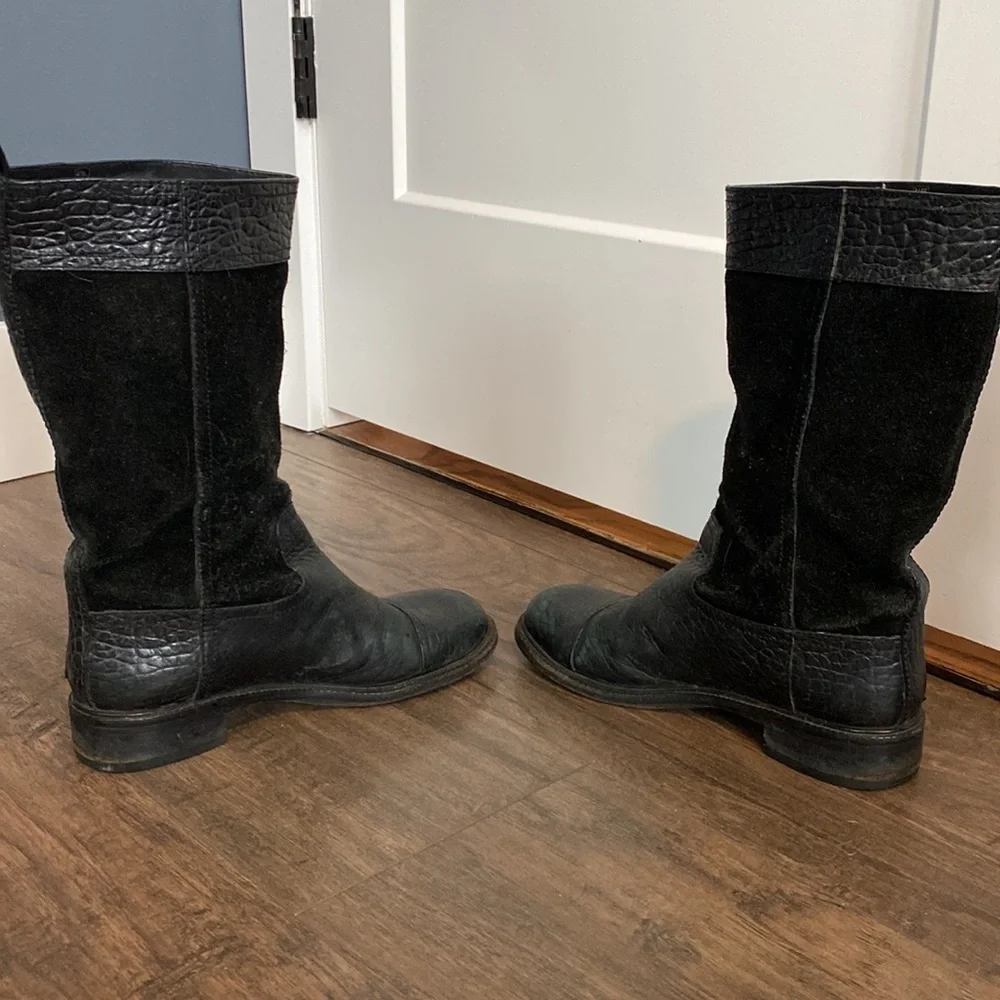 Tory Burch Moto Riding Mid Calf Pebbled Leather Boot