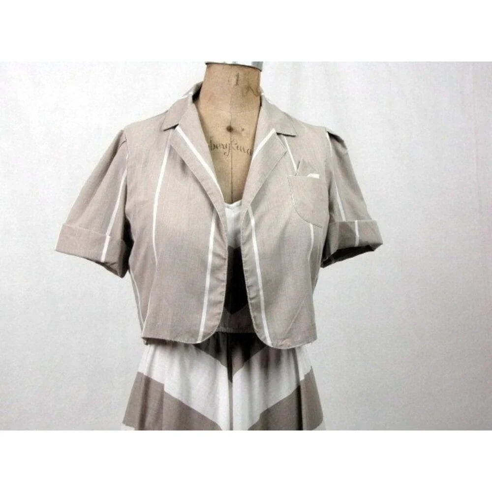 Vintage 70s Summer Dress Chevron Print White Taupe Small Matching Jacket Cotton