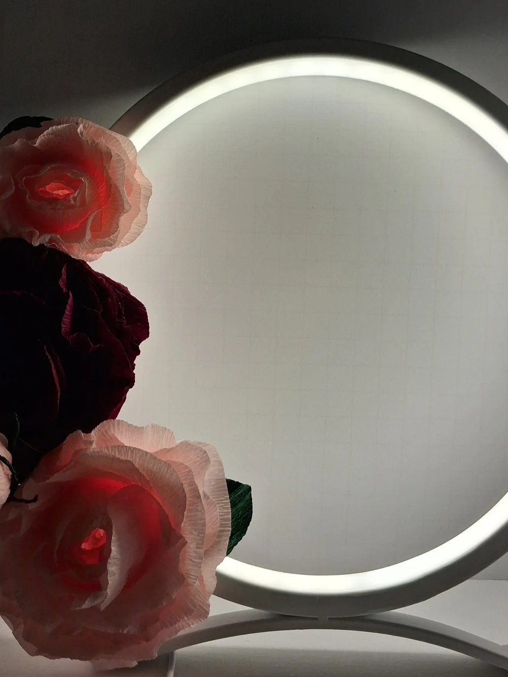Round LED Light with Pink And Burgundy Rose Accent, 3 Light Tones And Dimmer