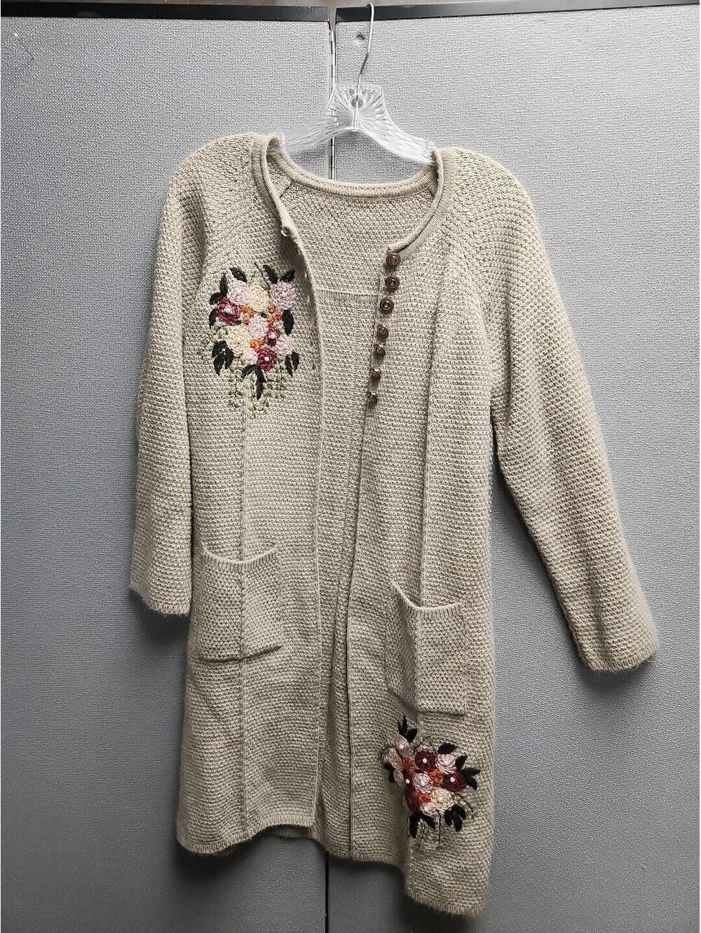 Simply Couture Embroidered Tan Sweater Cardigan Coat Asymmetrical Hem Small!.