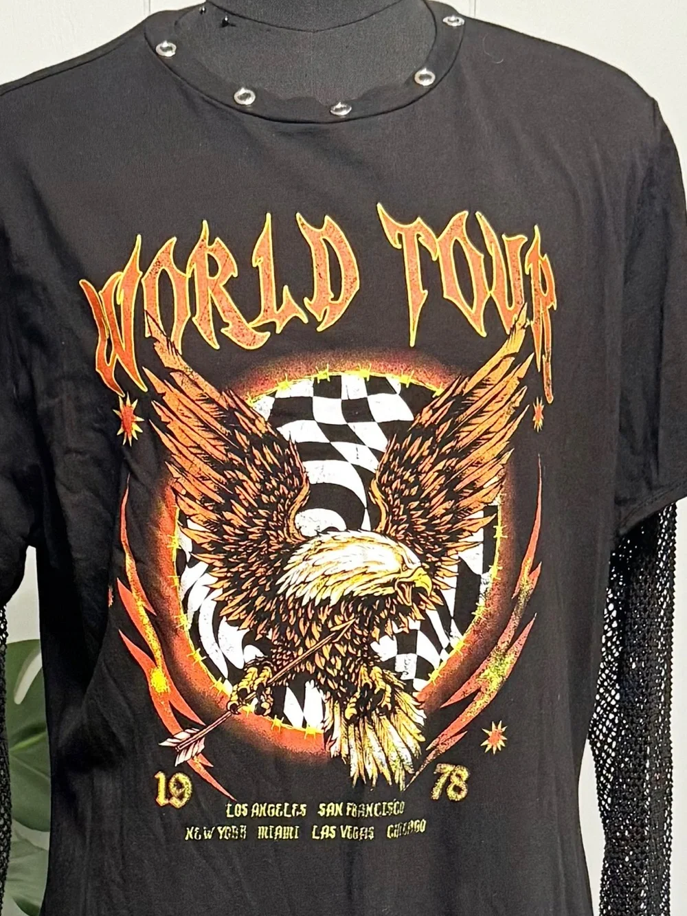 Fashion Nova Word Tour 1978 Black Maxi Dress with Gold and Orange Eagle Graphic