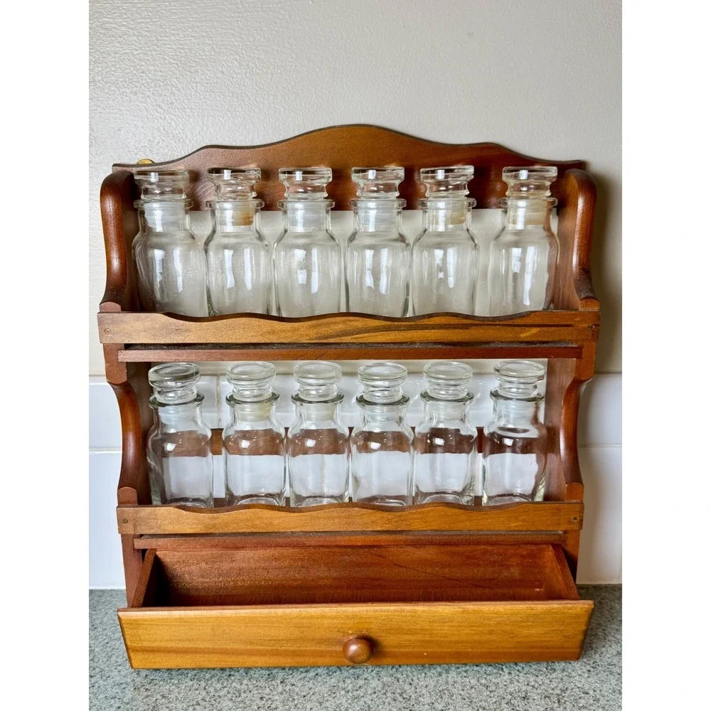 Vintage Wooden Spice Rack 12 Glass Jars Made in Japan Apothecary Drawer 11.5in