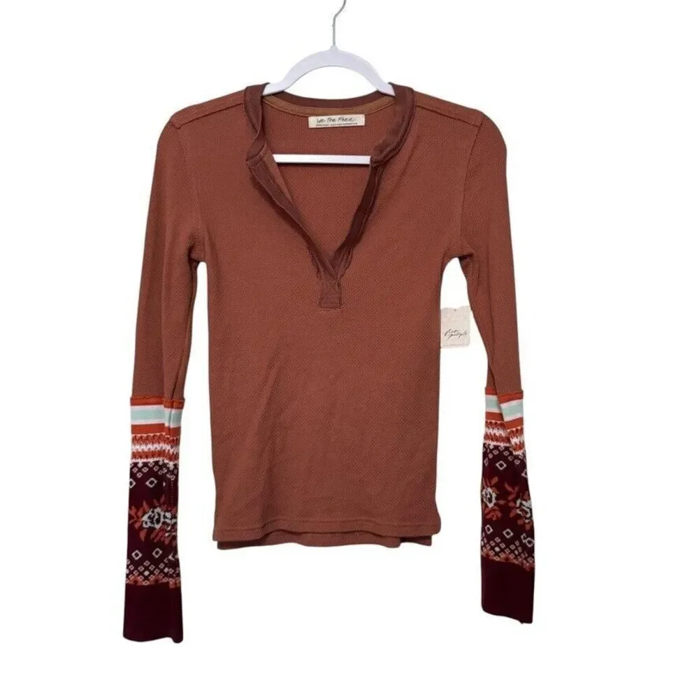 Free People Mikah Notch Neck Top Thermal Fair Isle Sleeves Autumn Combo XS‎ NWT
