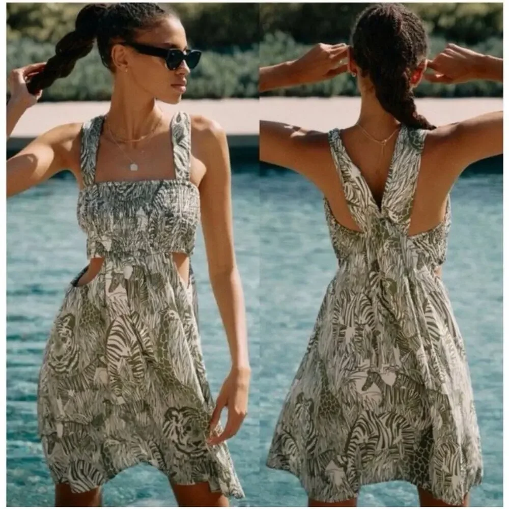 Anthropologie moss green cream safari animal cutout dress size XL Petite NWT