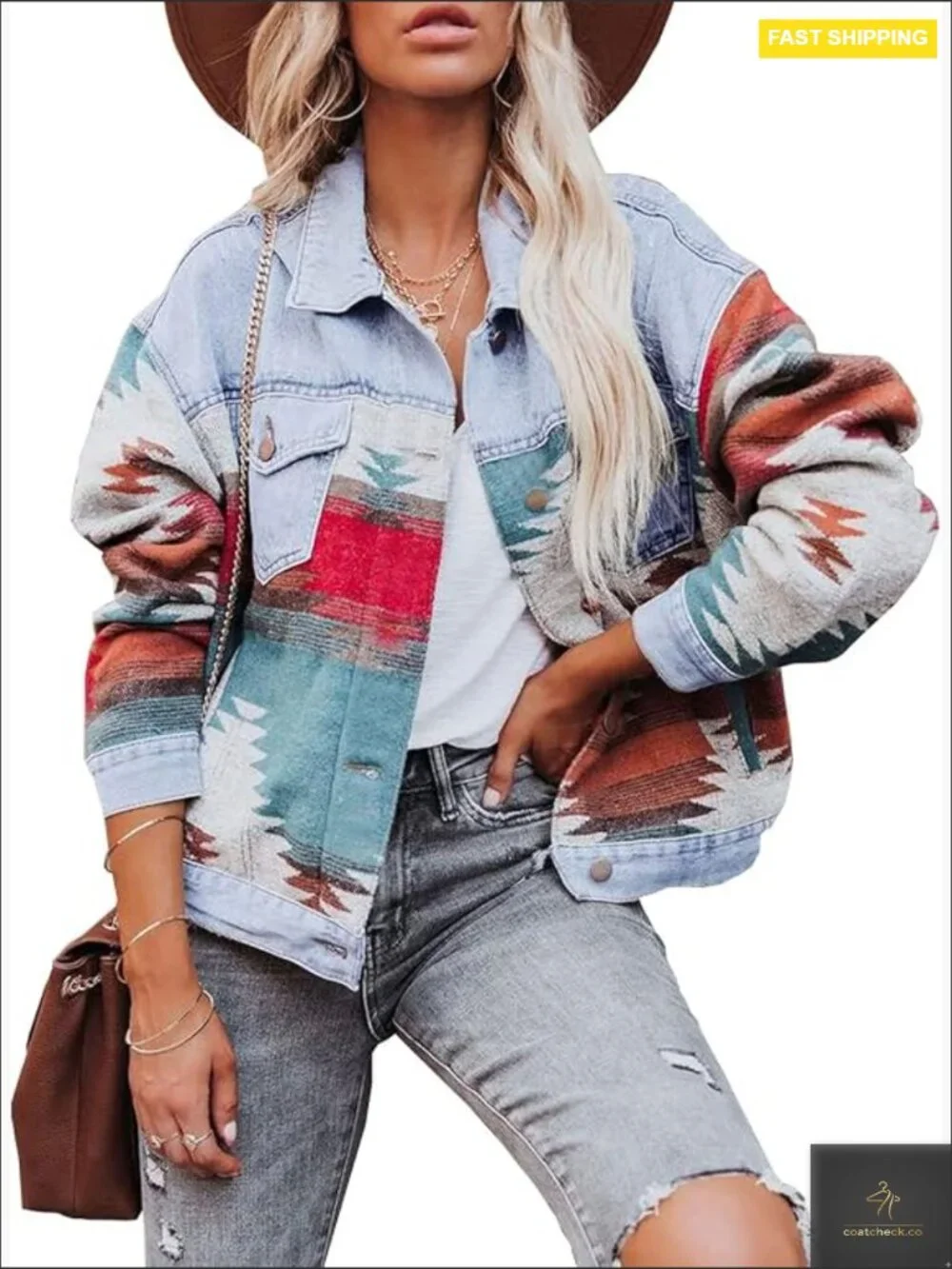 Vintage Aztec Print Shacket Button Down Long Sleeve Woolen Jacket Coat Oversized