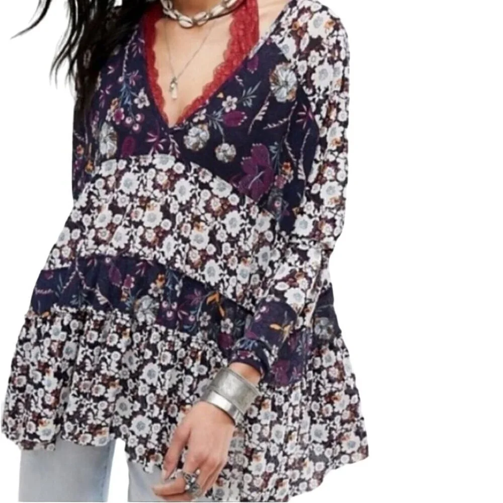 Free People Isabelle Floral Bohemian Oversized Long Sleeve Tunic Top Size XS