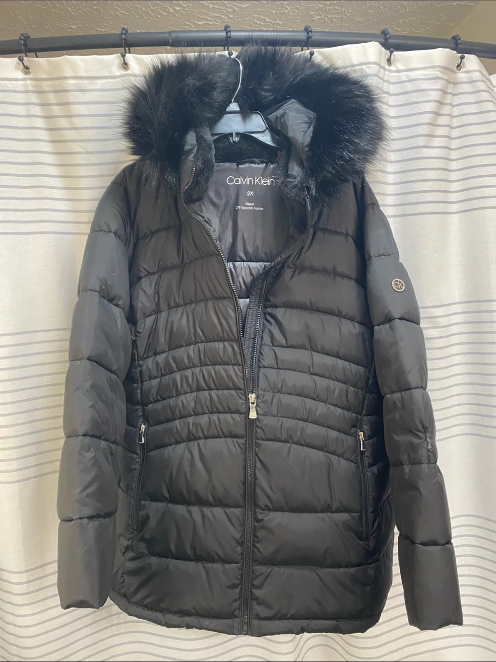 Calvin Klein Women's Black Quilted Puffer with Faux Fur Trim Hood