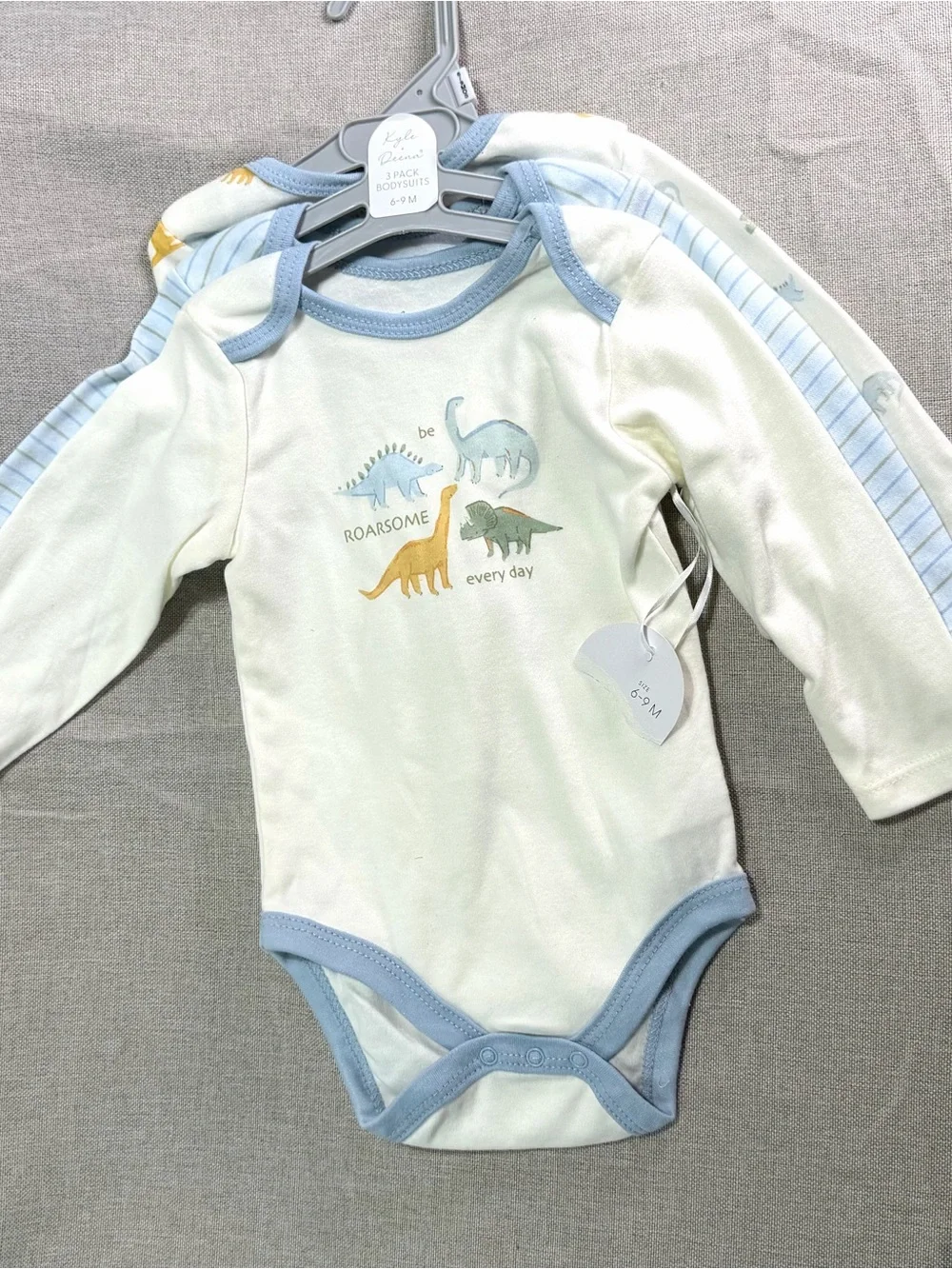 Kyle Deena Blue-Trim Baby Dino One-Piece Bodysuit - 3-Pack