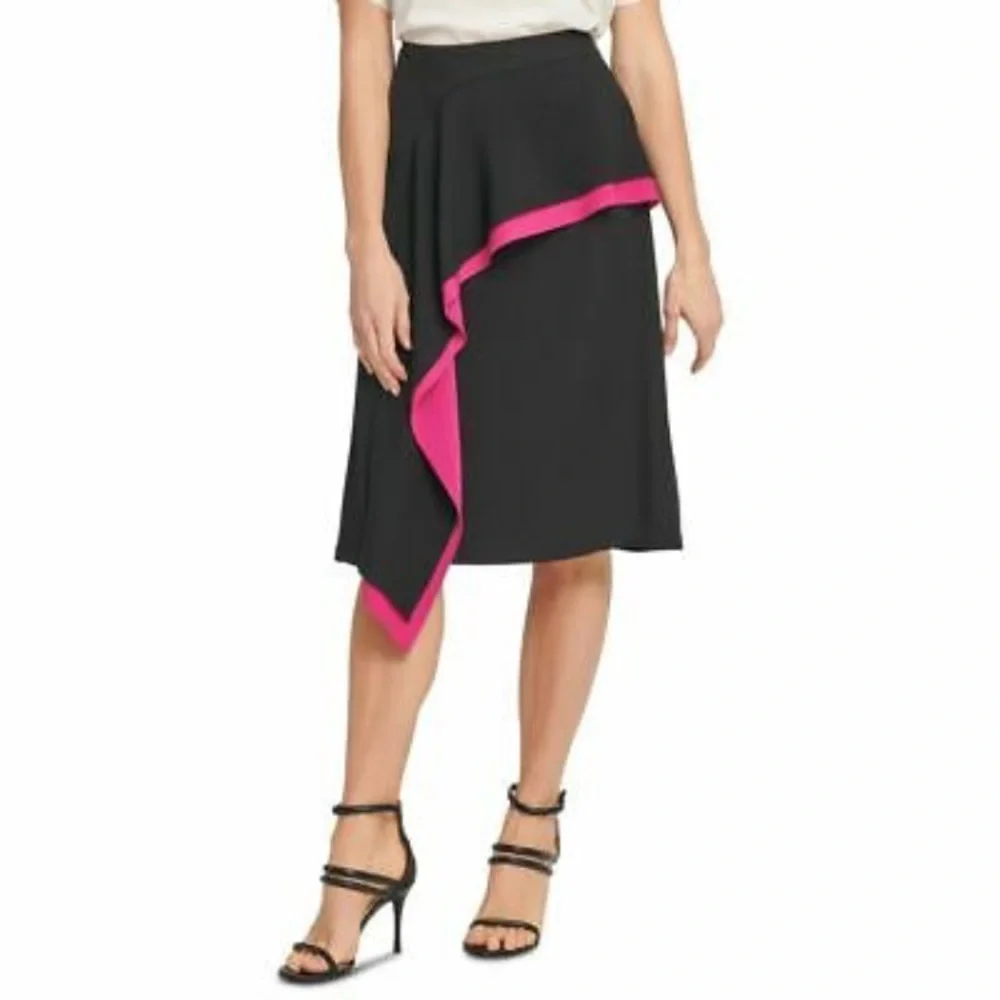DKNY Asymmetrical Ruffle Color Block Midi Skirt Size 2