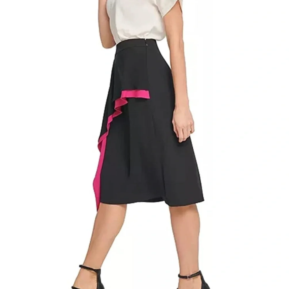 DKNY Asymmetrical Ruffle Color Block Midi Skirt Size 2