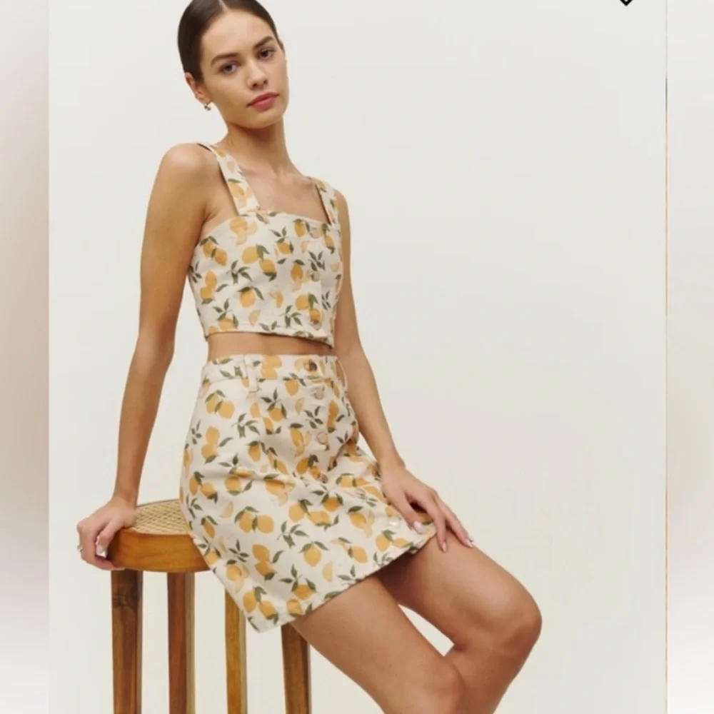 Reformation Cream Mini Skirt with Yellow Citrus Print