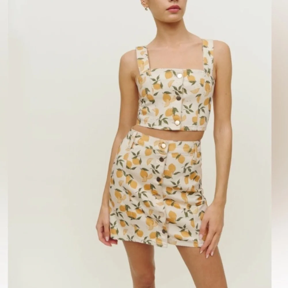 Reformation Cream Mini Skirt with Yellow Citrus Print