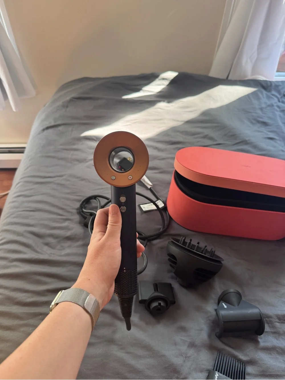 Dyson Supersonic Hair Dryer with Peach Case and Attachments
