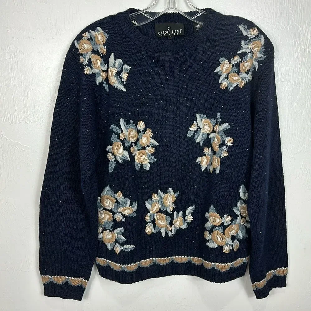 Carole Little Petites Vintage Floral Embroidery Beaded Pullover Sweater Size P