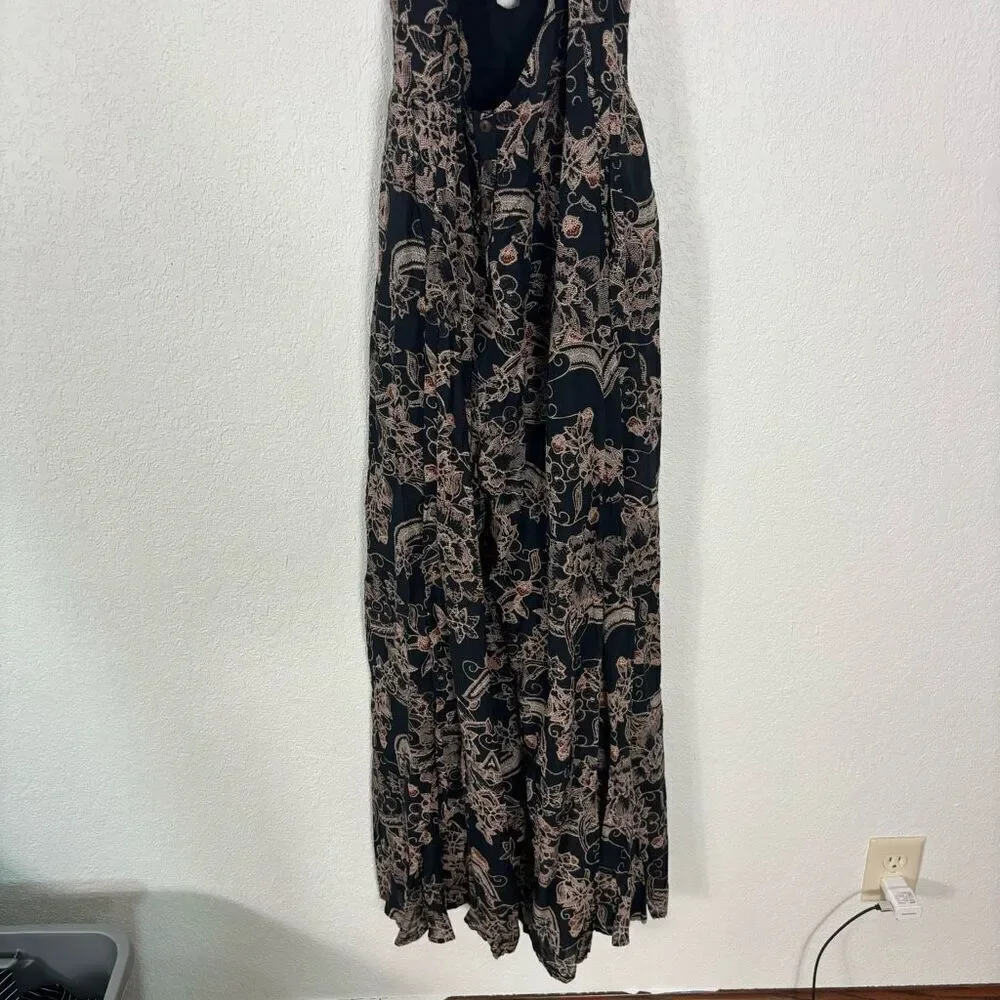 Free People Kissing Sunlight Halter Pants Jumpsuit Black w/ Brown Floral Medium