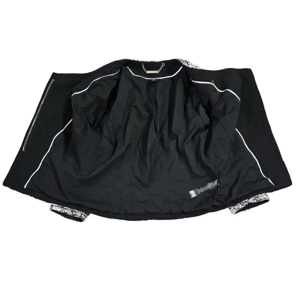 White House Black Market Black Contrast Tweed Trim Cropped Moto Jacket Pockets