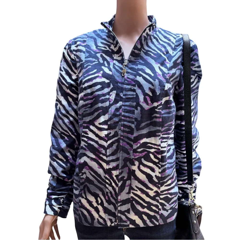 Susan Graver Black Purple Bomber Jacket – Chic Outerwear