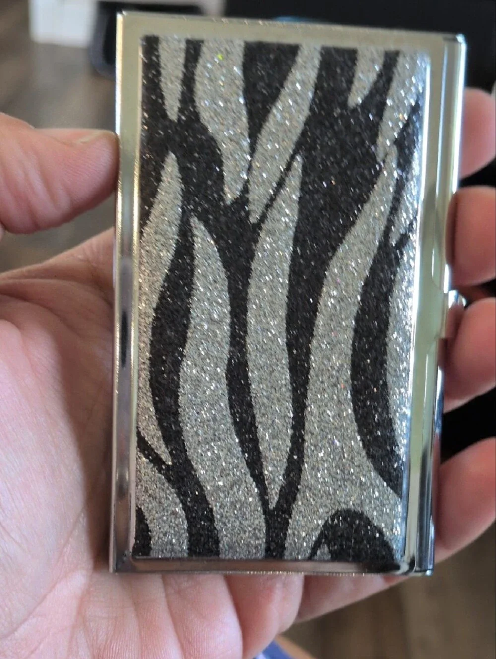 Glitter Zebra Business Card Holder With Mirror  Silver & Black