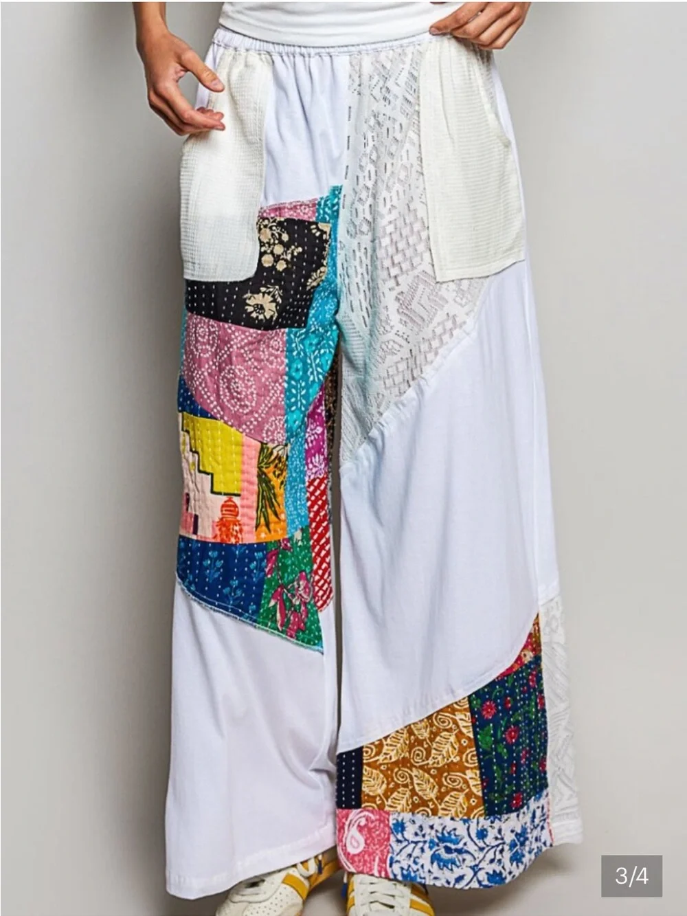 NEW POL Patchwork Woven Wide-Leg Pants - White Medium