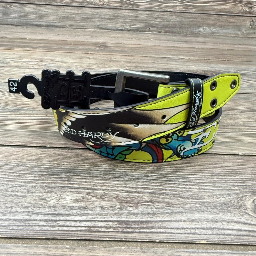 Ed Hardy Mens Size 42 Belt Lime Green Tattoo Graphic VB97511EHQA New