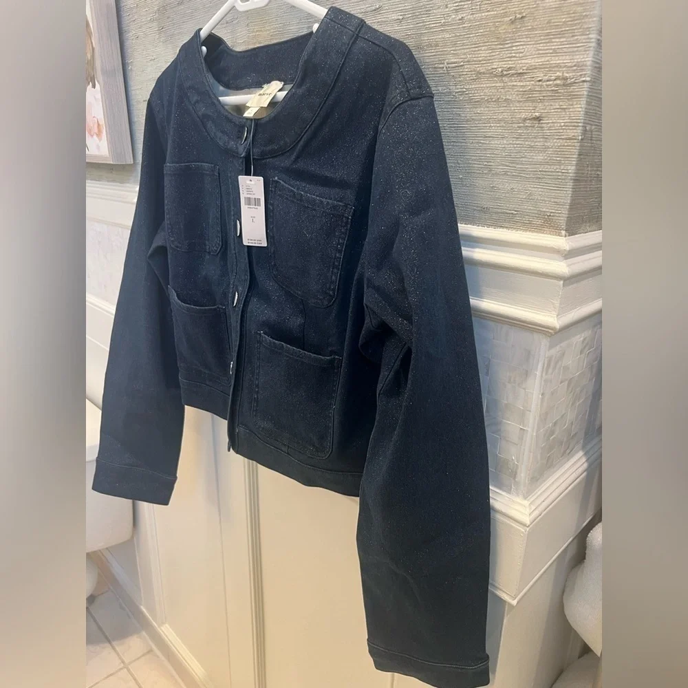 NWT new large Anthropologie Maeve Cora patch pocket denim sparkle jacket jean