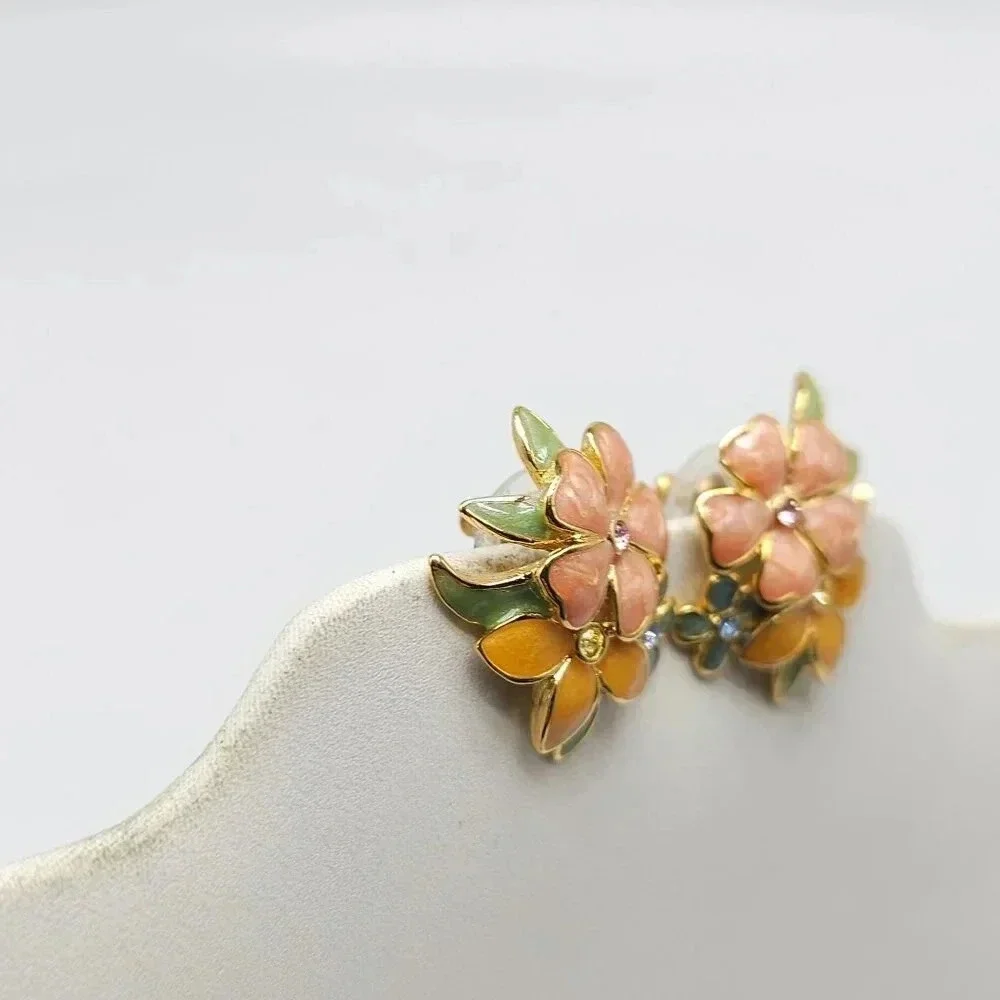 Joan Enamel Flower Post Earrings Multicolor Petals Rhinestones SPRING FLING