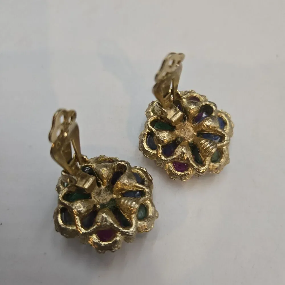 Vintage Kramer Fruit Salad Clip Earrings Lucite Cluster Beaded Gold Tone