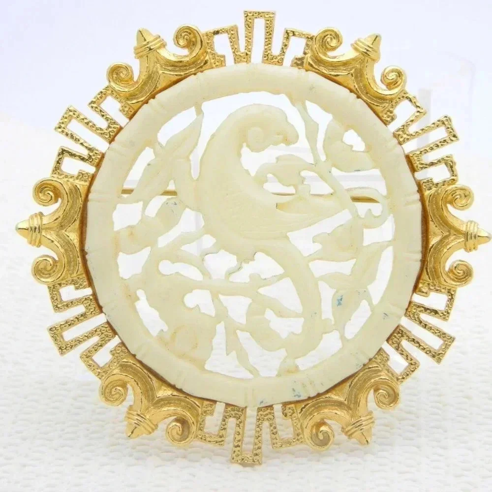 VENDOME Pin Asian Motif Carved Bird Brooch