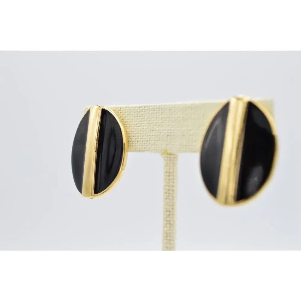 Swarovski Vintage Clip On Earrings Gold Black Enamel Chunky D.S. Co Signed BinAB
