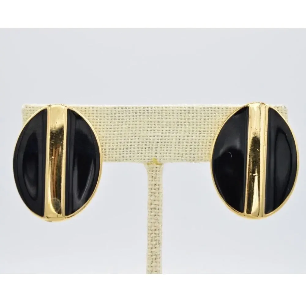 Swarovski Vintage Clip On Earrings Gold Black Enamel Chunky D.S. Co Signed BinAB