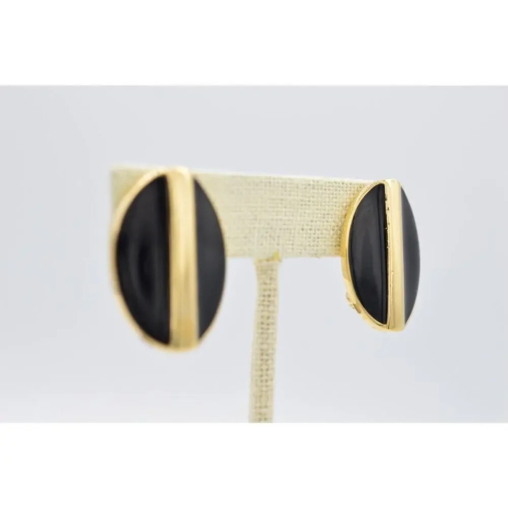 Swarovski Vintage Clip On Earrings Gold Black Enamel Chunky D.S. Co Signed BinAB