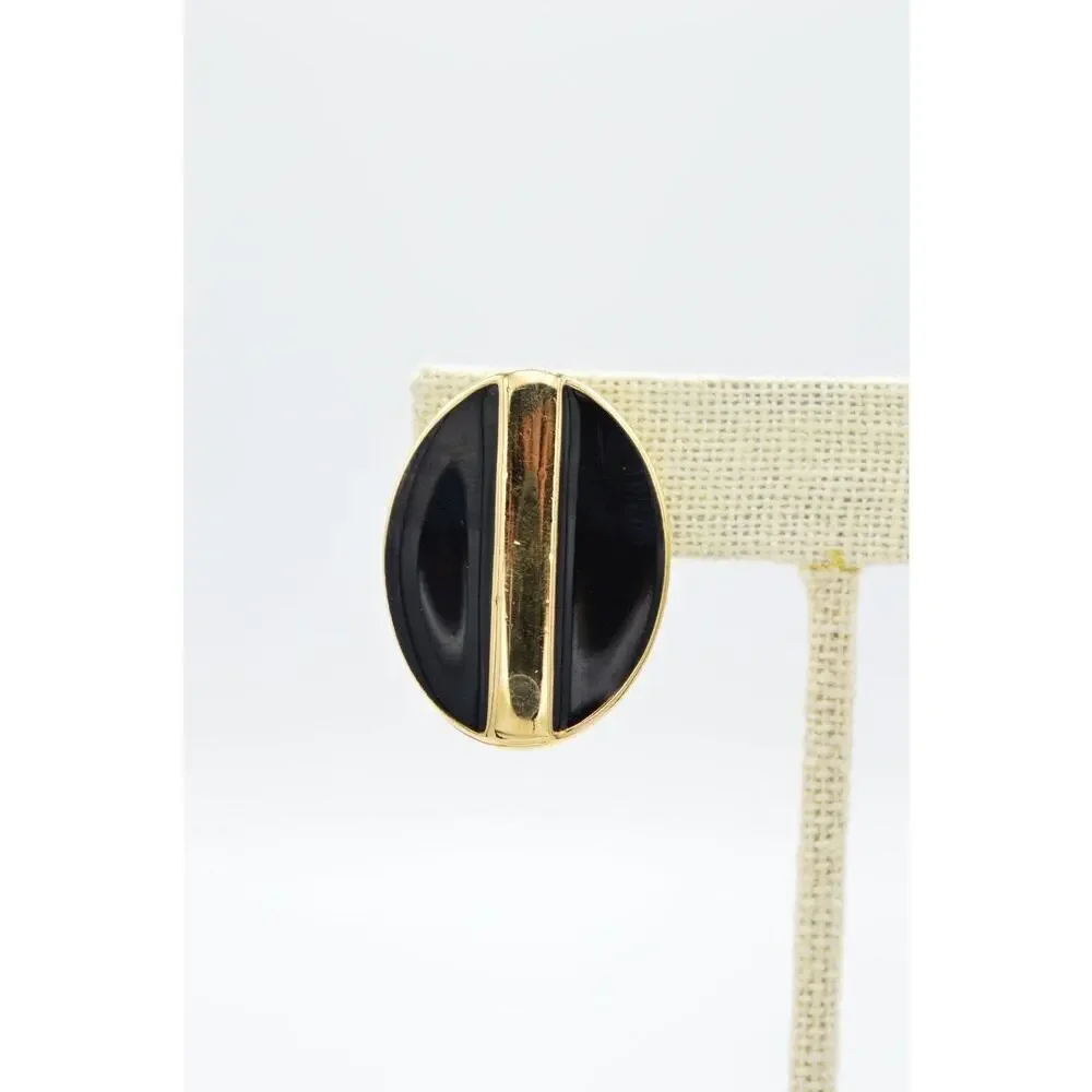 Swarovski Vintage Clip On Earrings Gold Black Enamel Chunky D.S. Co Signed BinAB