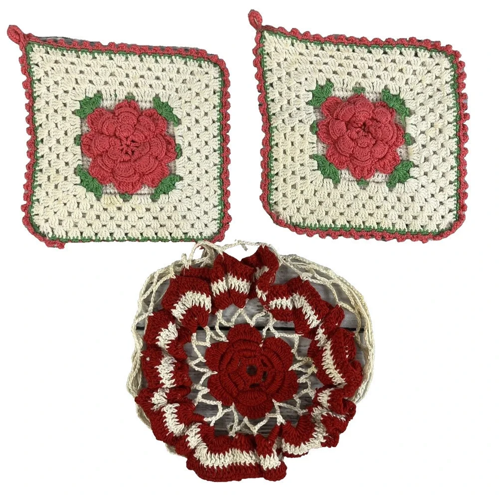Vintage Lot of 3 Crochet Granny Squares Blanket Afgan Squares Pink & Red Flowers