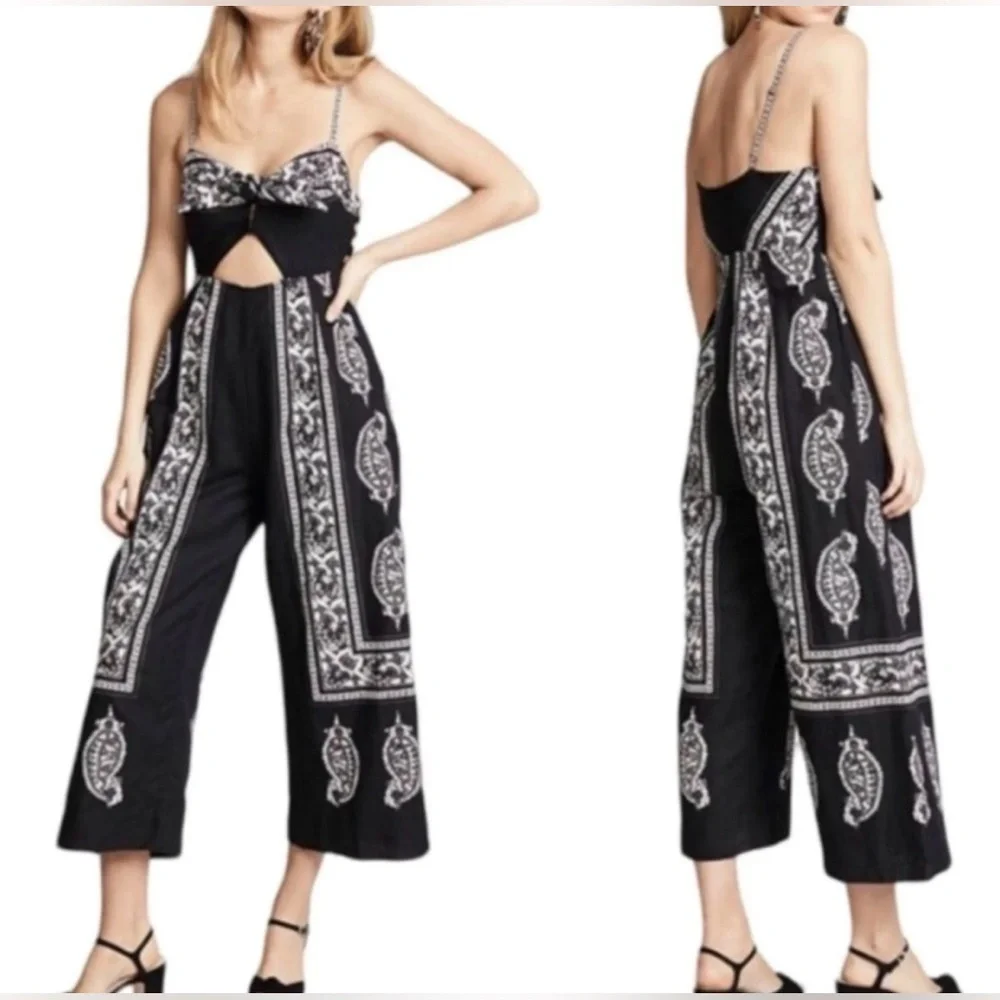 Free People Feel The Sun Paisley Bandana Linen Cutout Cropped Jumpsuit Sz 6 EUC