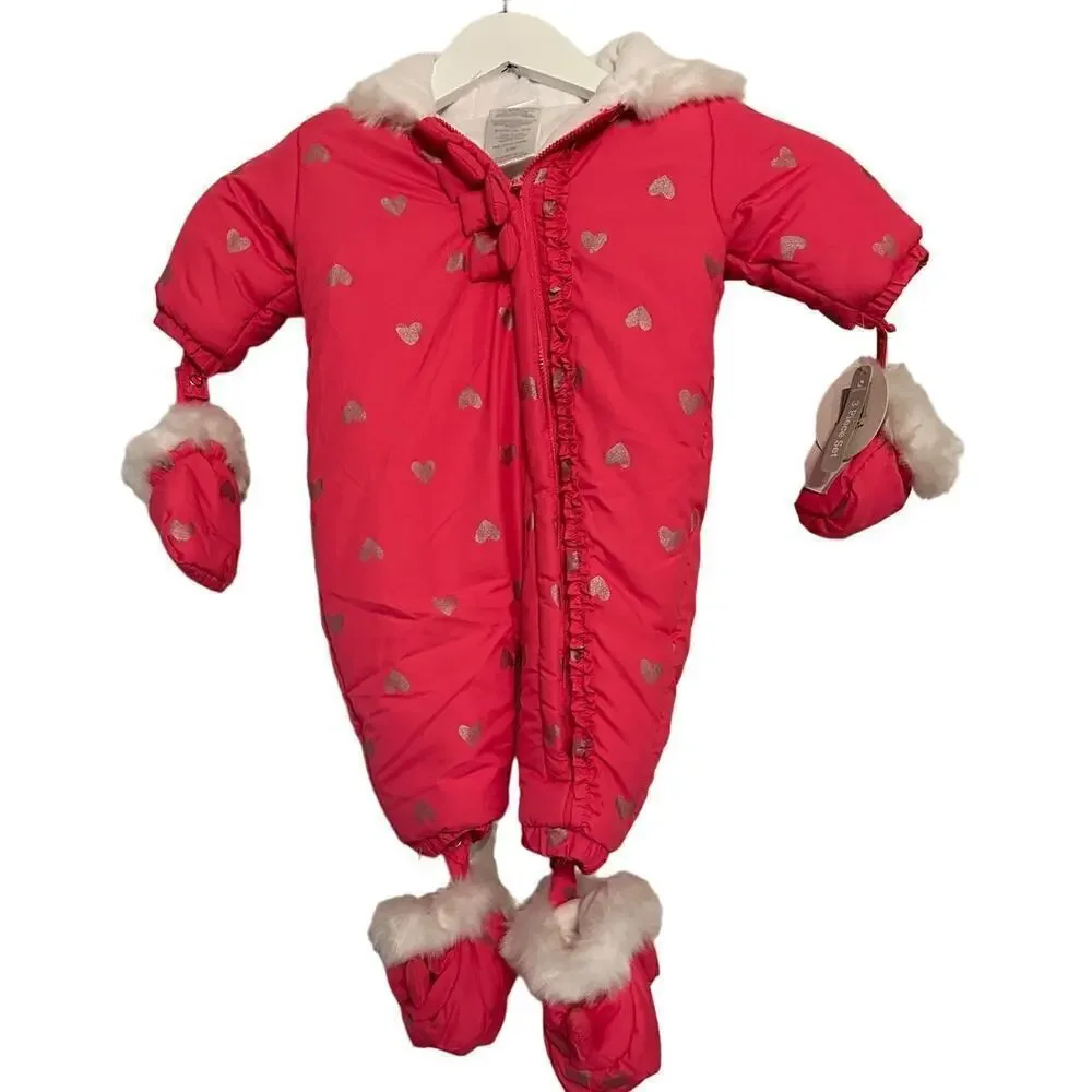 NWT Absorba Pink Heart Faux Fur Lined 3 Piece Set Hooded Snowsuit Sz 3-6M