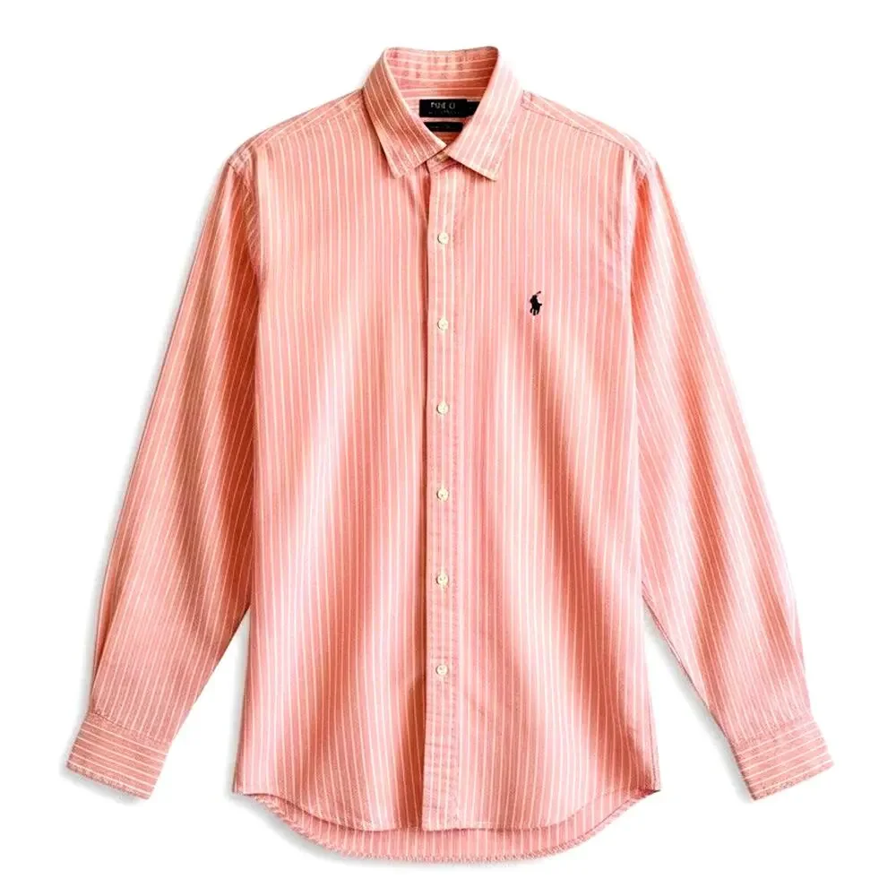 POLO Ralph Lauren Classsic Fit Button Down Shirt L Striped Peach Cotton Stretch