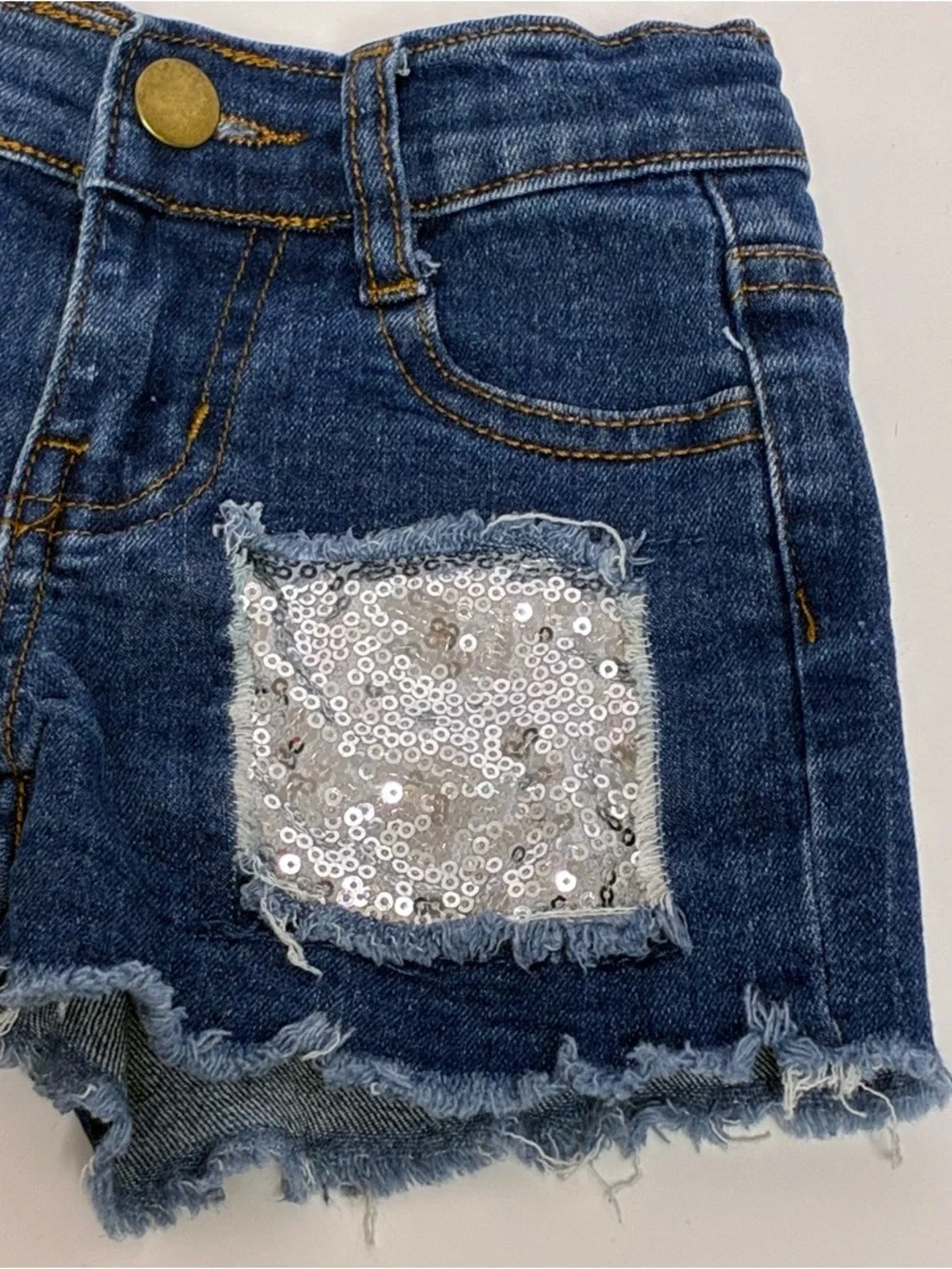 Girls Kids Size Small Jean Shorts Front Patches Striped Sequin
