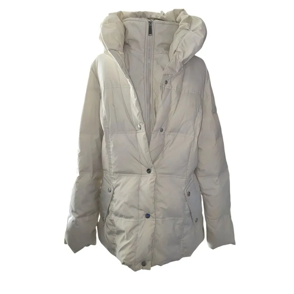 DKNY Womens Down Zip-Up Snap White Puffer Jacket L Large Down Fowl Fill