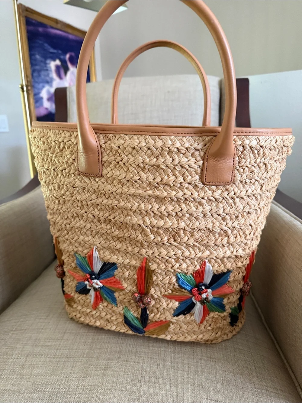 Tory Burch Straw Tote with Tan Leather Trim and Multicolor Floral Tassels