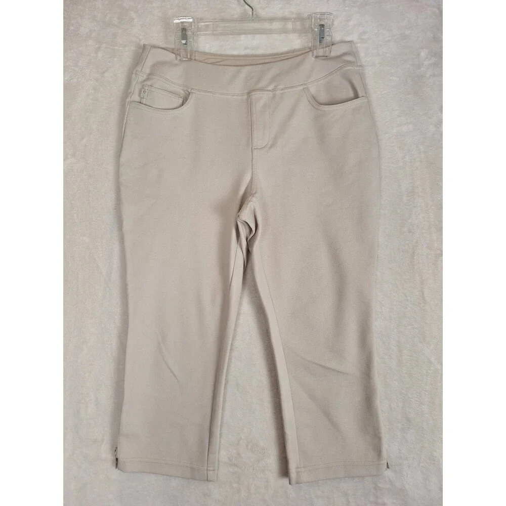 Belle Kim Gravel Petite Crop Ponte Pants Tan Womens 10 Pull On Pockets