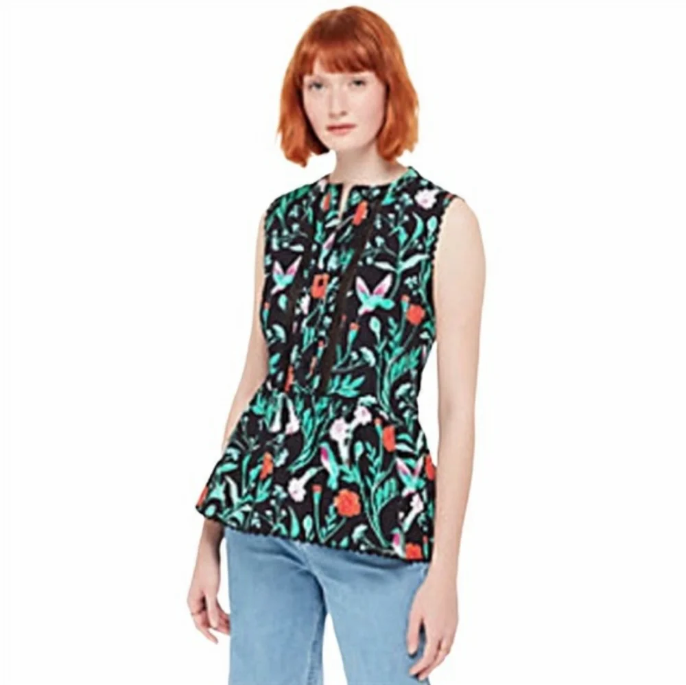 NWOT Kate Spade Jardin cotton poplin floral hummingbird peplum top