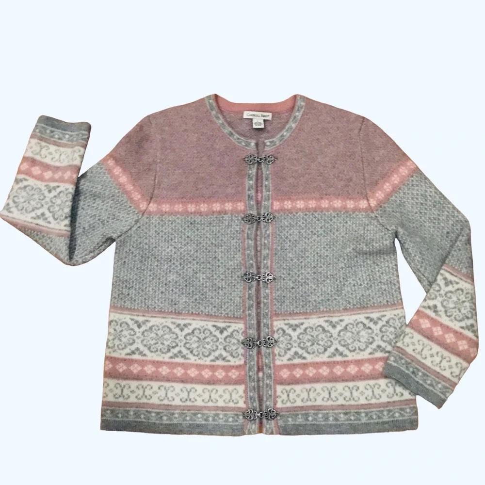 Vintage Carroll Reed Nordic Wool Cardigan Fair Isle Pink/Gray Metal Clasp Size L