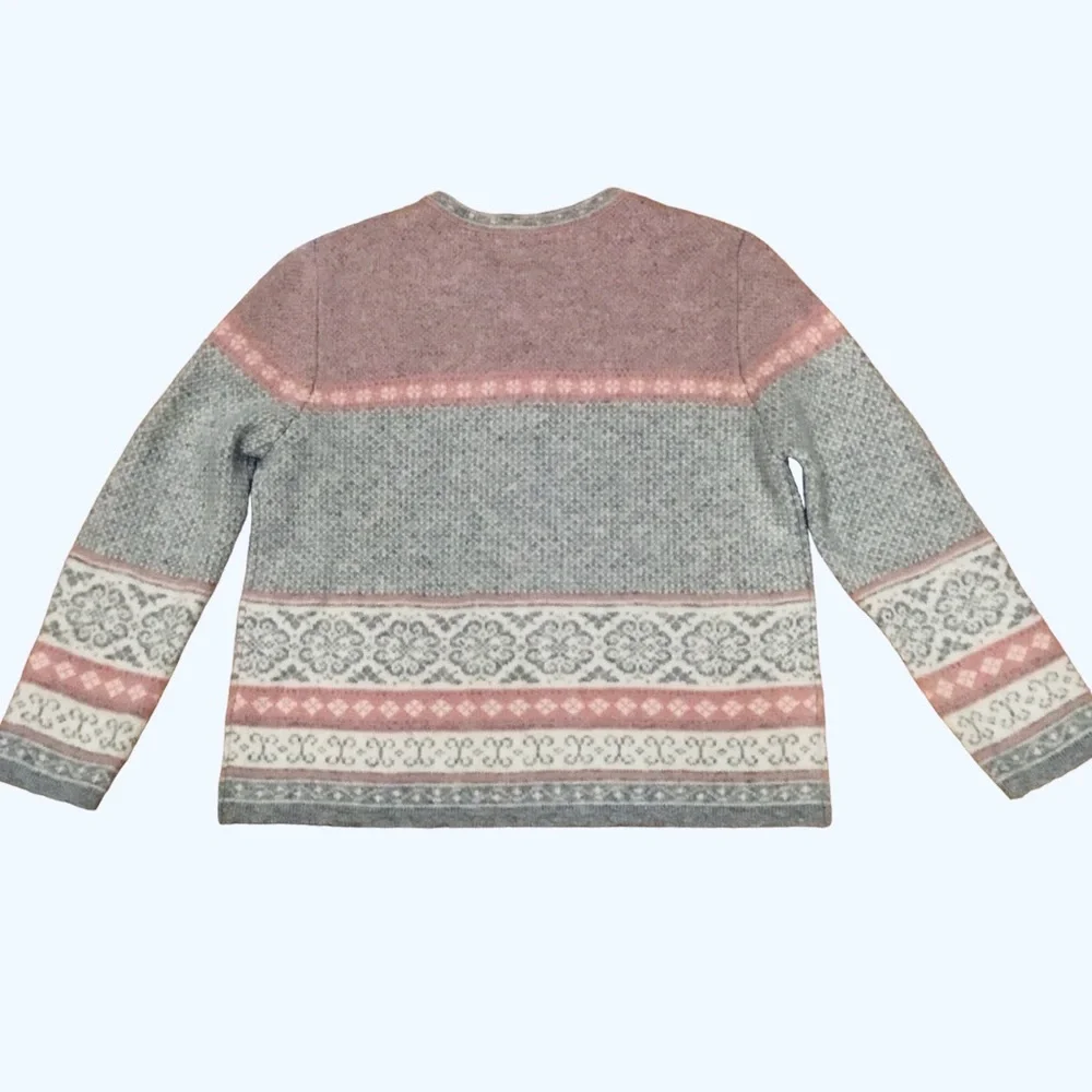 Vintage Carroll Reed Nordic Wool Cardigan Fair Isle Pink/Gray Metal Clasp Size L