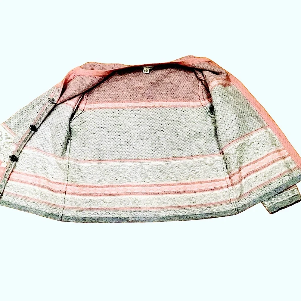 Vintage Carroll Reed Nordic Wool Cardigan Fair Isle Pink/Gray Metal Clasp Size L