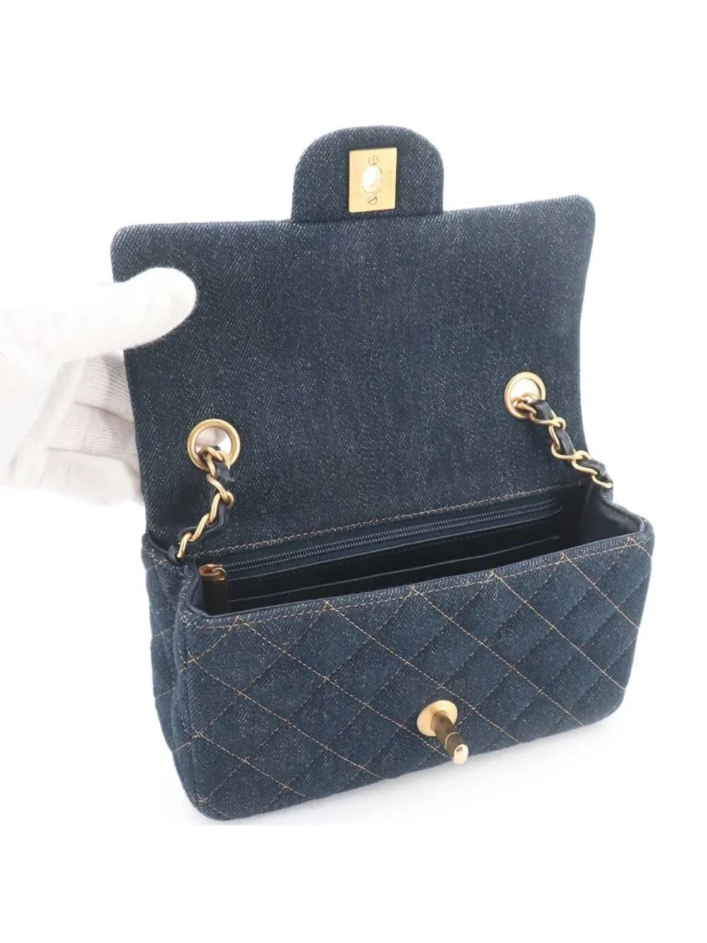 Chanel Mini Quilted Classic Chain Shoulder Bag Denim Dark Blue Gold