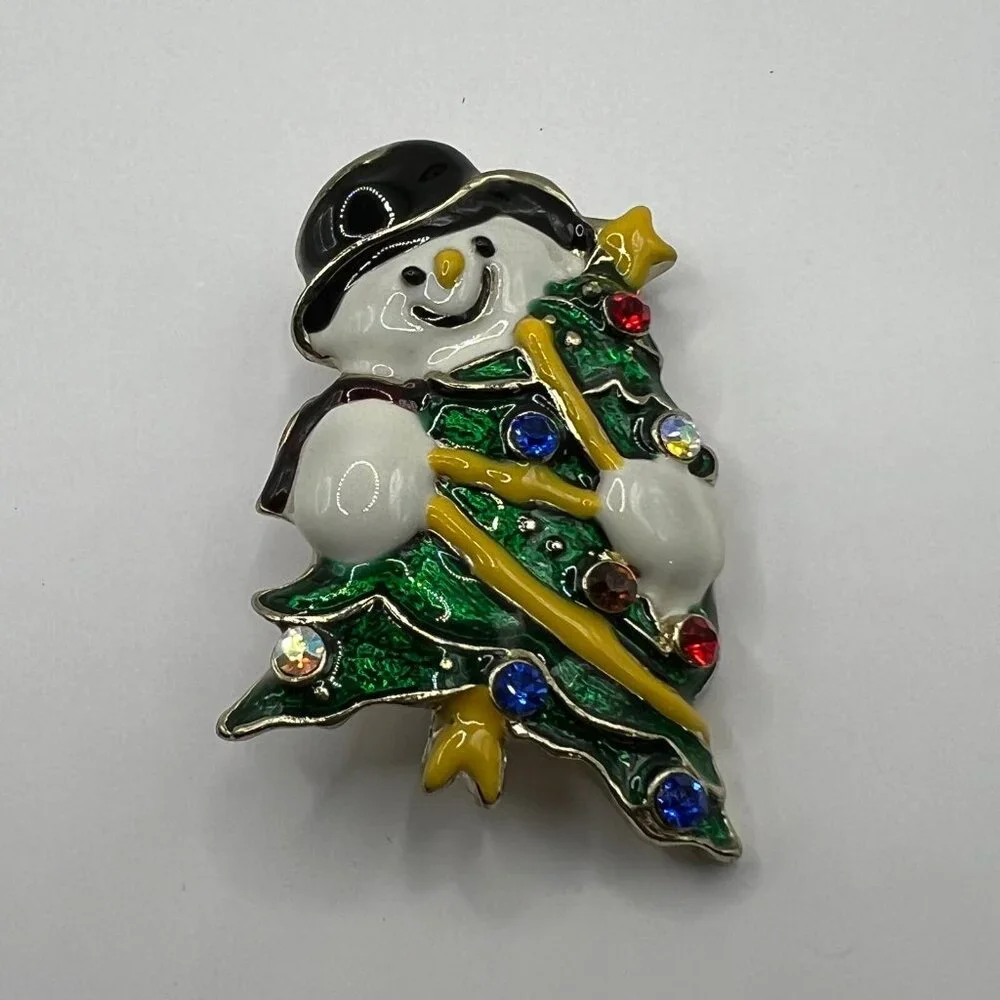 Vintage Snowman Brooch White Green Enamel and Crystal‎ Accent Pin