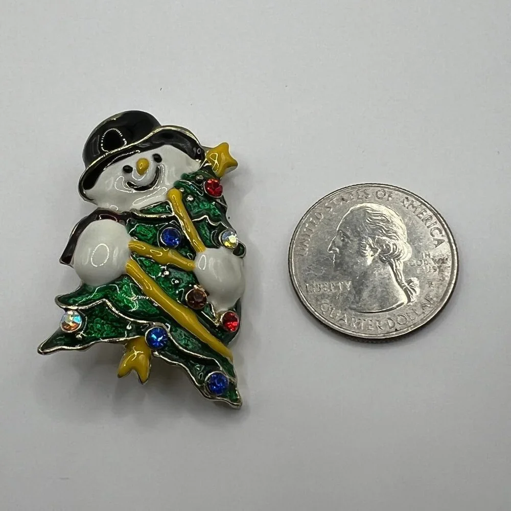 Vintage Snowman Brooch White Green Enamel and Crystal‎ Accent Pin